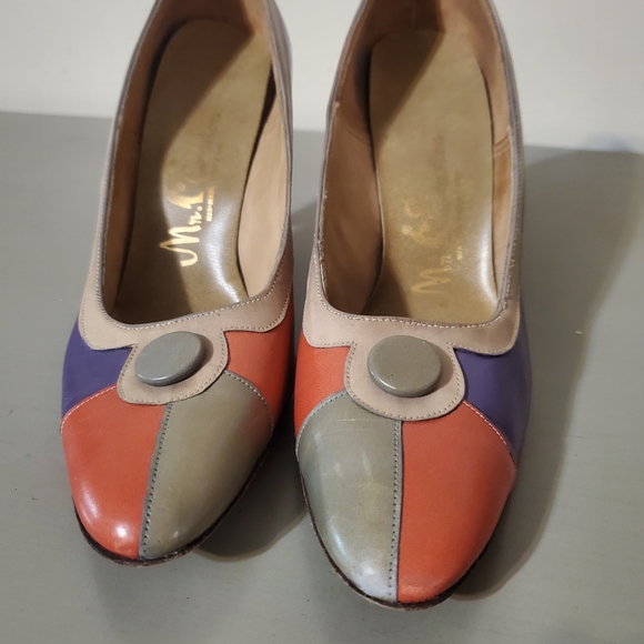 1960s Colorblock Heels Pumps Button Front Teal Grey Purple Coral Size 6.5 - Picture 3 of 7